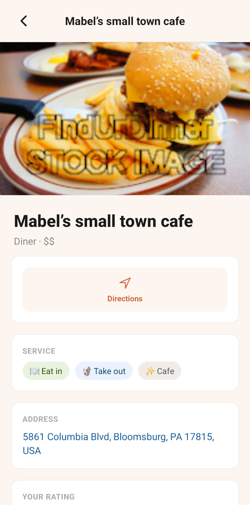 Restaurant details page with photo and directions