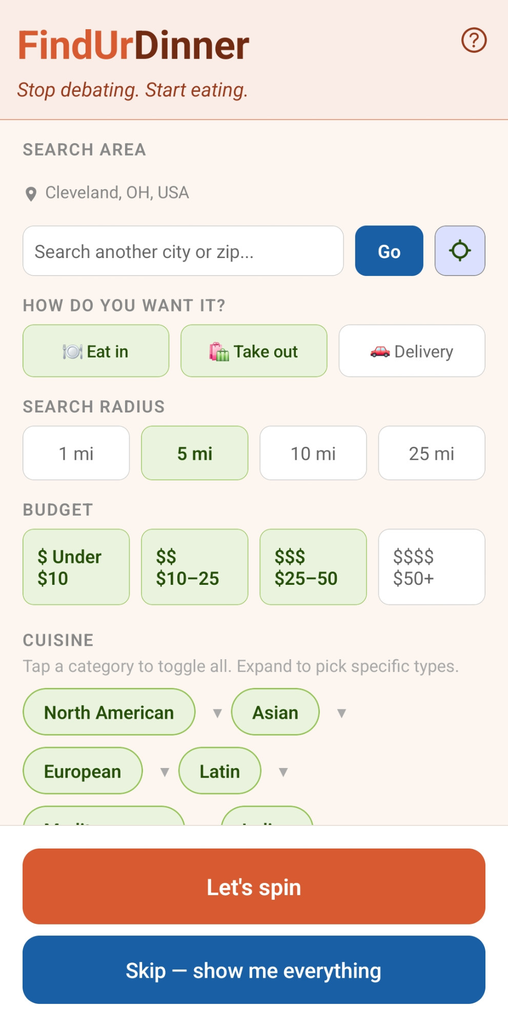 Filter screen with eat in, take out, delivery, radius, budget and cuisine