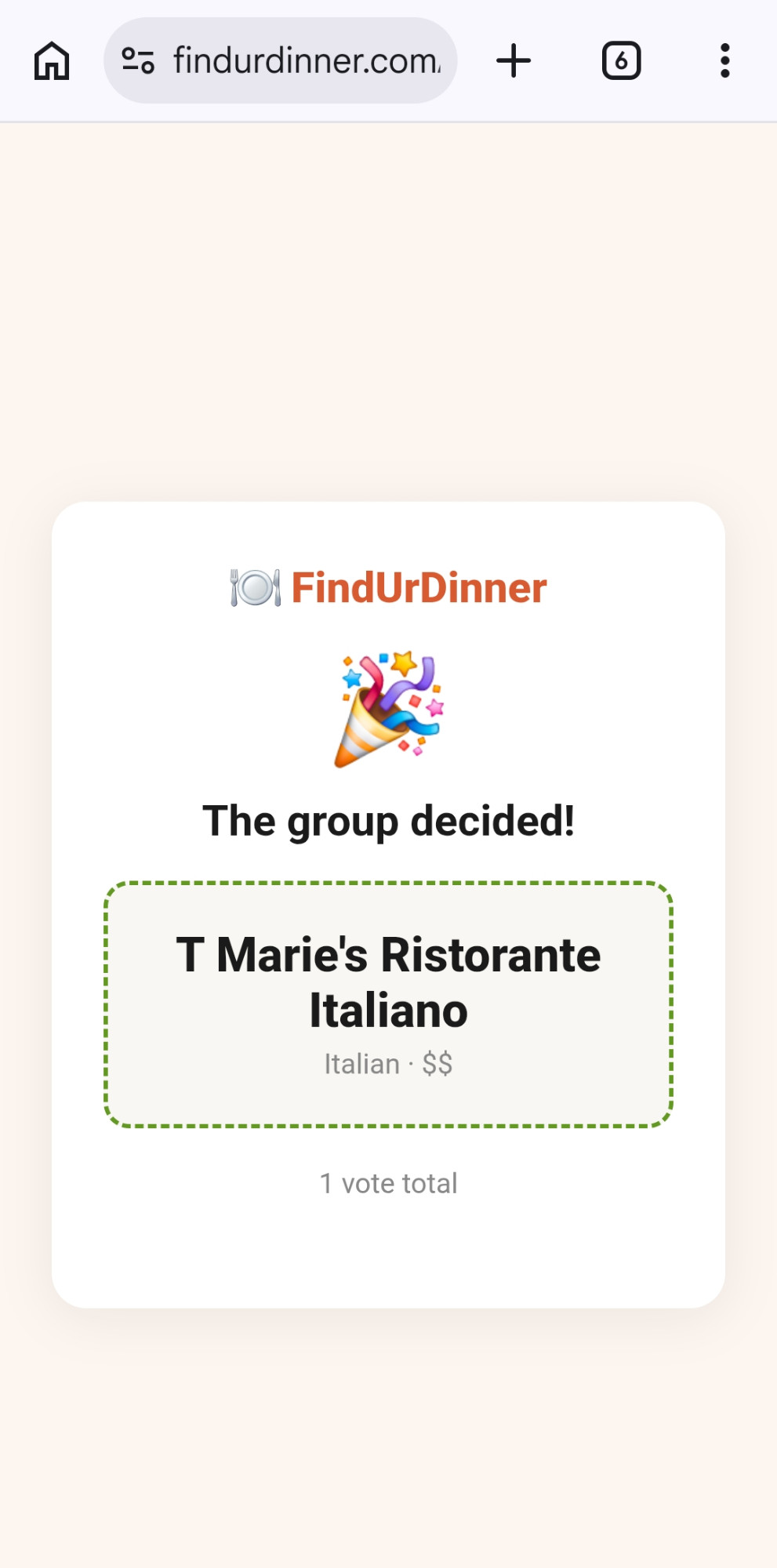 Group vote result page showing the winning restaurant