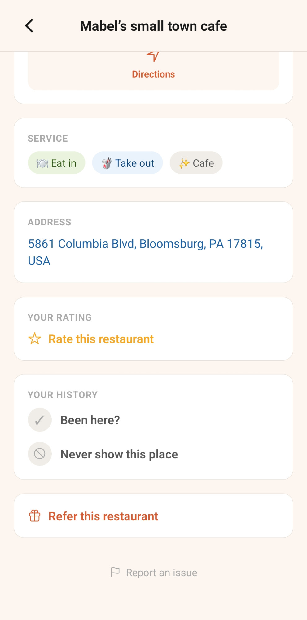 Rating, history and referral options on a restaurant page