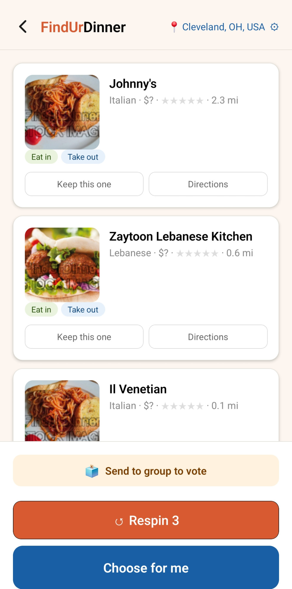 Three spin result cards with photos and Keep this one buttons